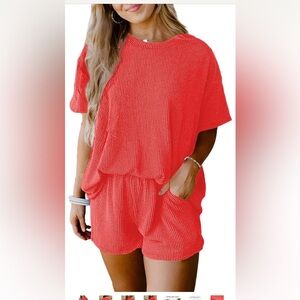 2 Piece Orange Ribbed Short Sleeve Shirts High Waisted Shorts with Pockets Large